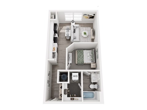 Floor plan layout of 585 sf studio apartment with separated living and sleeping space.